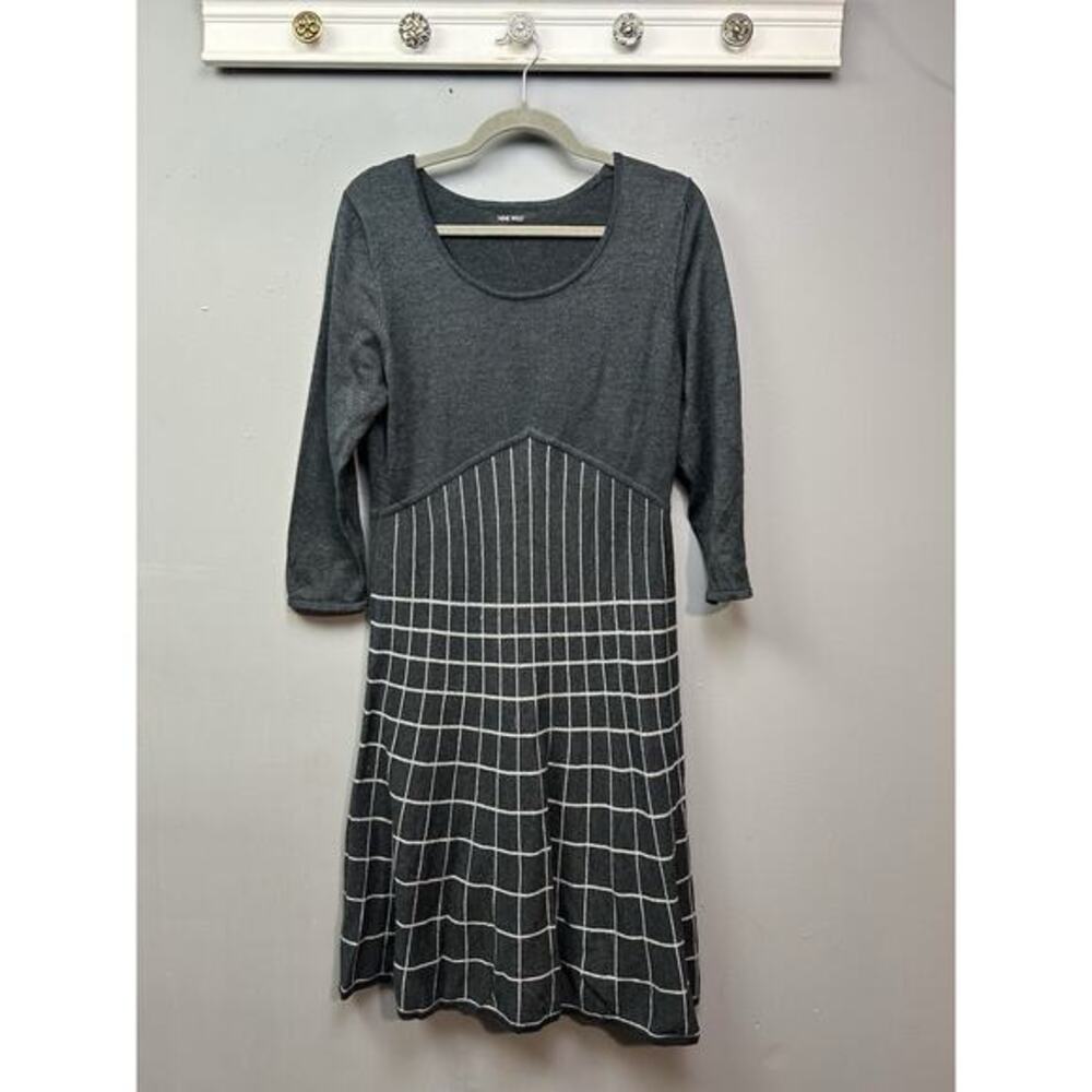 Nine West Knit Sweater Dress Womens Medium Gray A-Line Knee Length Stretch
